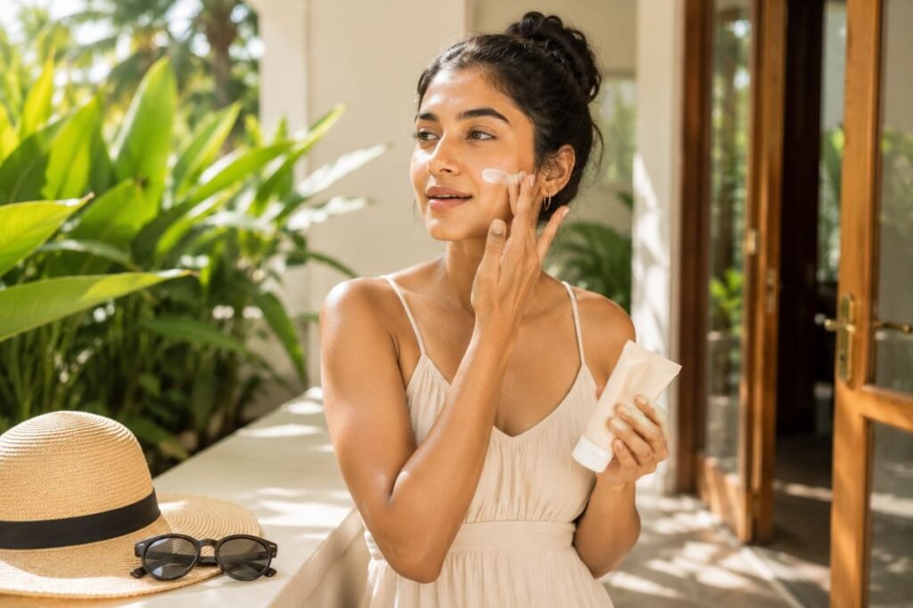 Woman applying sunscreen for daily sun protection in Sri Lanka herstore.lk