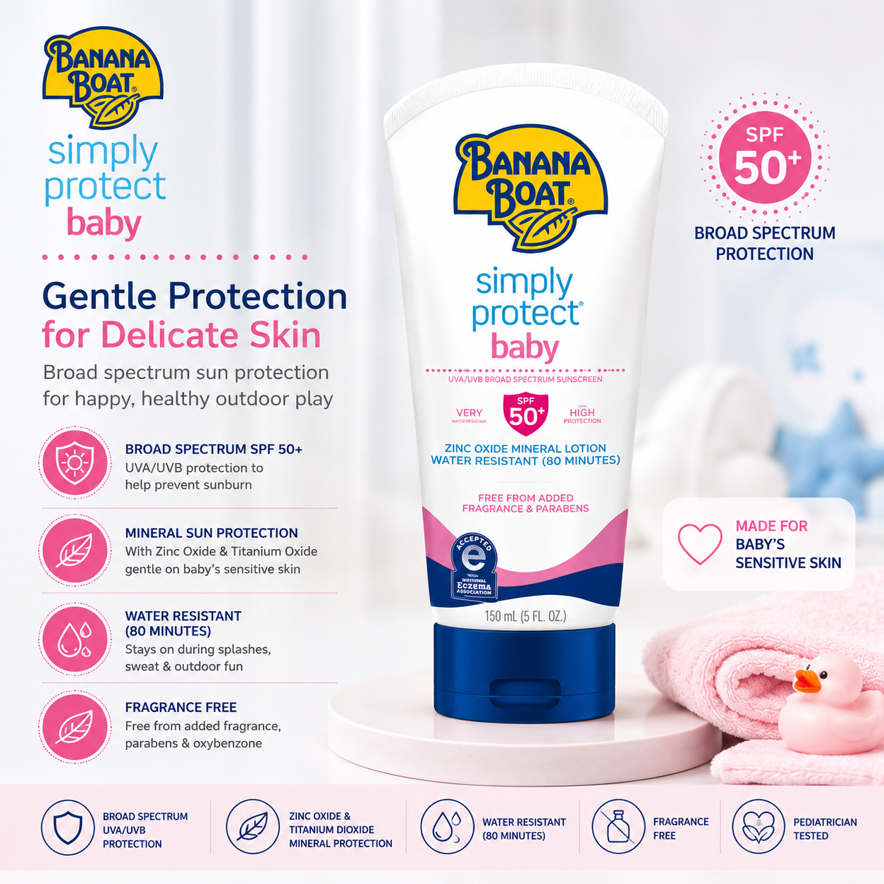 Banana Boat Simply Protect Baby SPF 50+ with broad spectrum protection, zinc oxide, titanium dioxide and water resistance for baby's sensitive skin