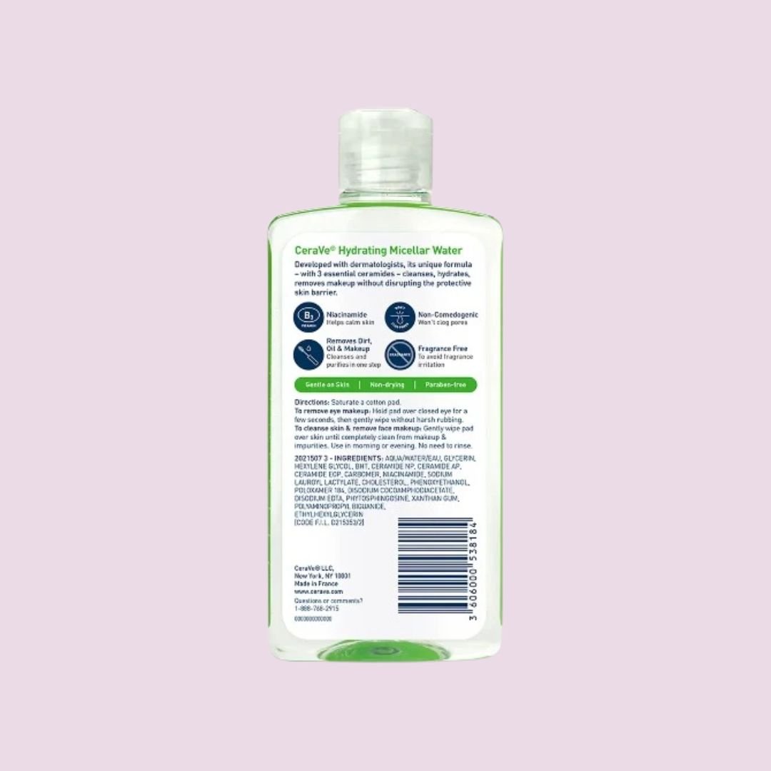 CeraVe Hydrating Micellar Water 296ml back bottle showing product information, ingredients and cleansing instructions
