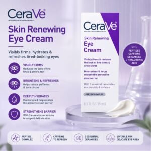 CeraVe Skin Renewing Eye Cream with peptide complex, caffeine, 3 essential ceramides and hyaluronic acid for firming, brightening and hydrating the eye area