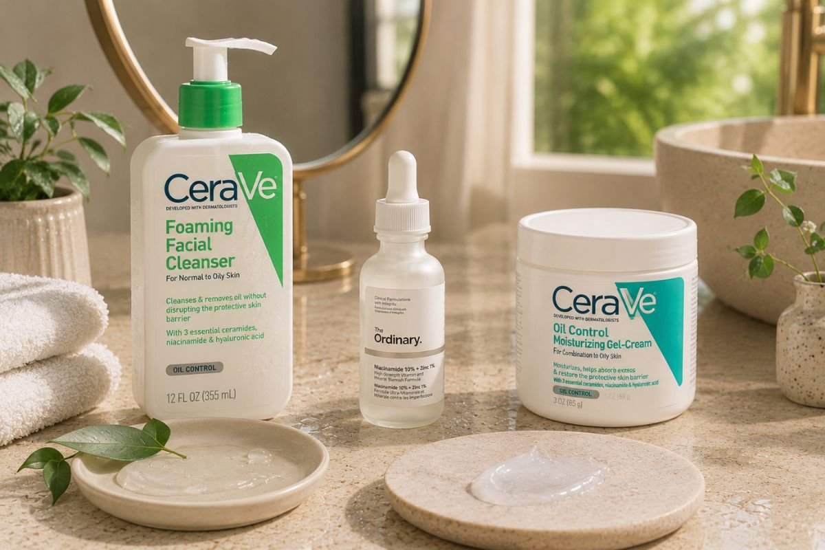 CeraVe skincare products arranged together in a bright bathroom setting, including facial cleanser, moisturizer, and skincare essentials available at HerStore.lk Sri Lanka