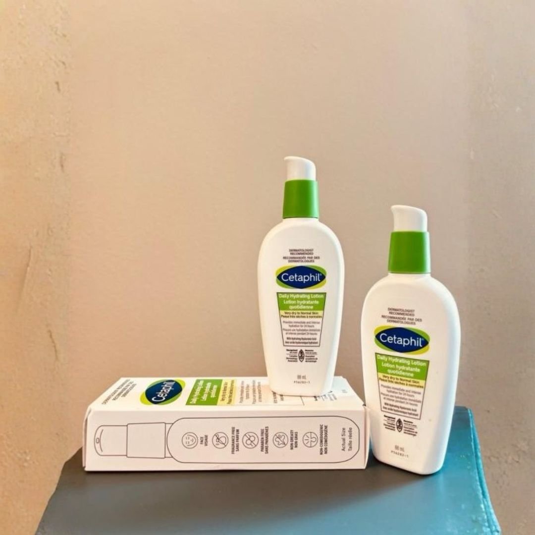 Cetaphil Daily Hydrating Lotion bottle and box packaging displayed together, showing the product label and packaging details.