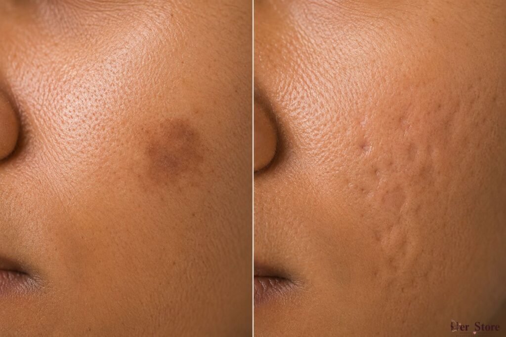 Close-up comparison of facial skin showing visible acne, blemishes, and uneven skin texture herstore.lk