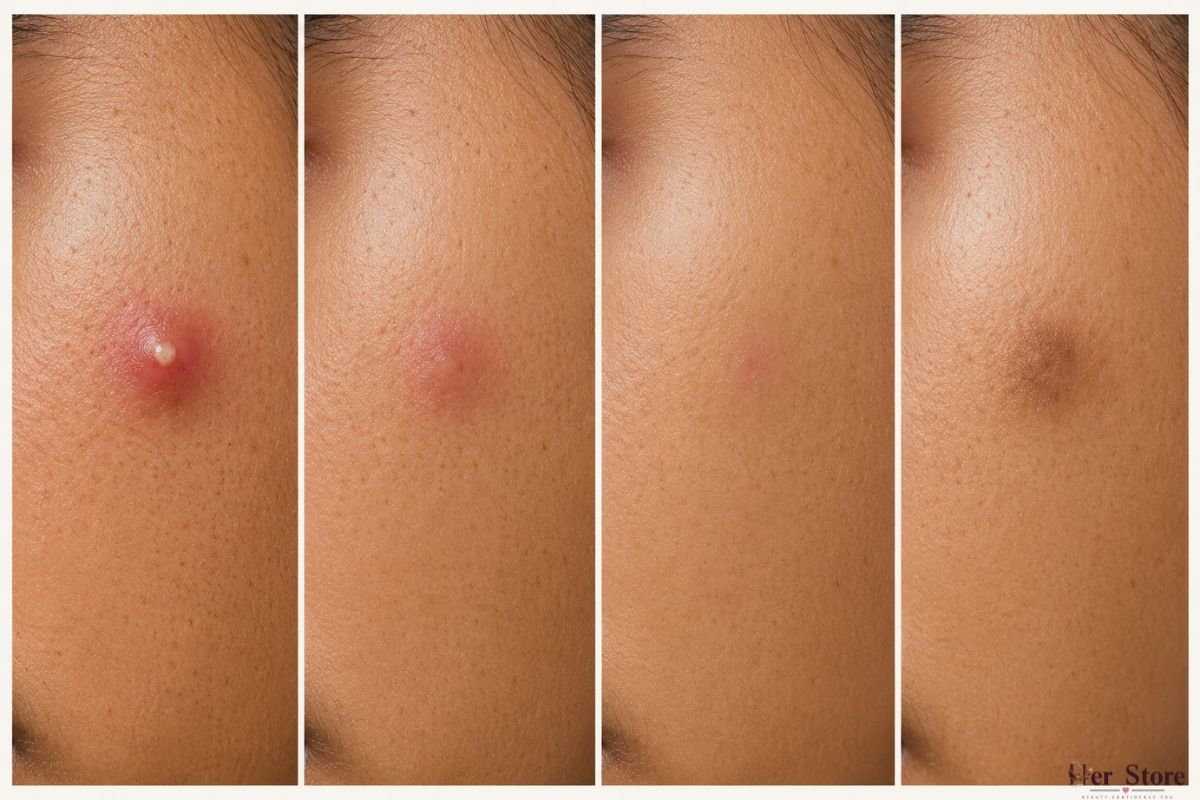 Close-up sequence showing different stages of a facial pimple, from an inflamed red spot to a healing acne mark on the skin herstore.lk