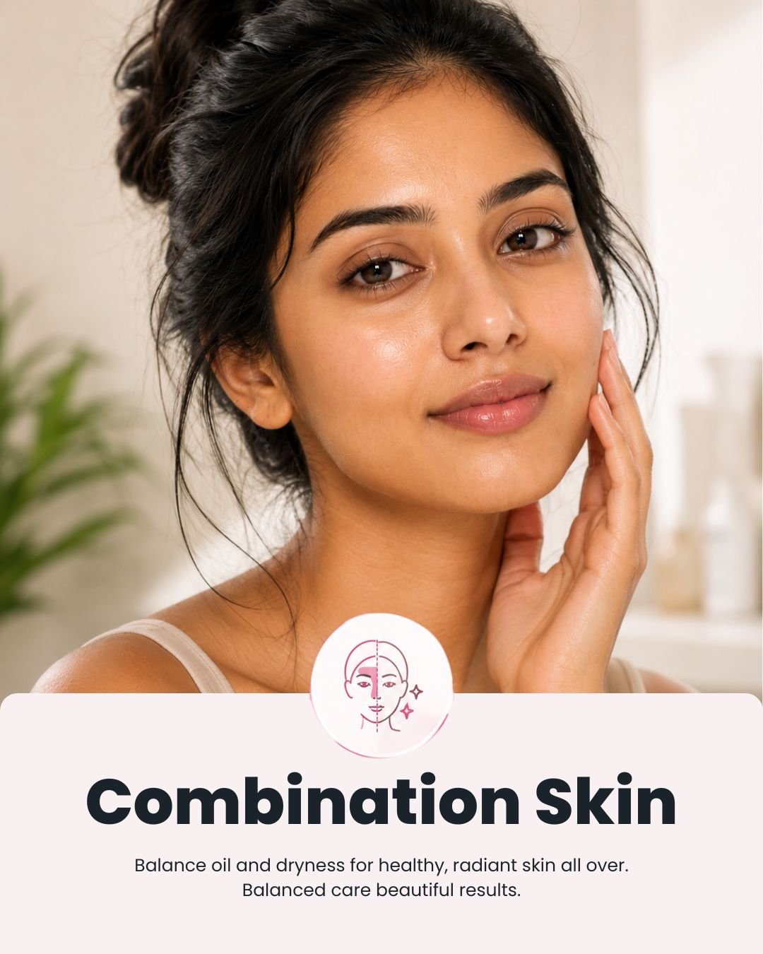 Woman representing combination skin with an educational guide explaining oily T-zone and dry cheeks.
