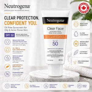Neutrogena Clear Face Sunscreen SPF 50 88ml for oily acne-prone skin with broad spectrum UVA UVB protection, oil-free non-comedogenic formula, HerStore.lk Sri Lanka