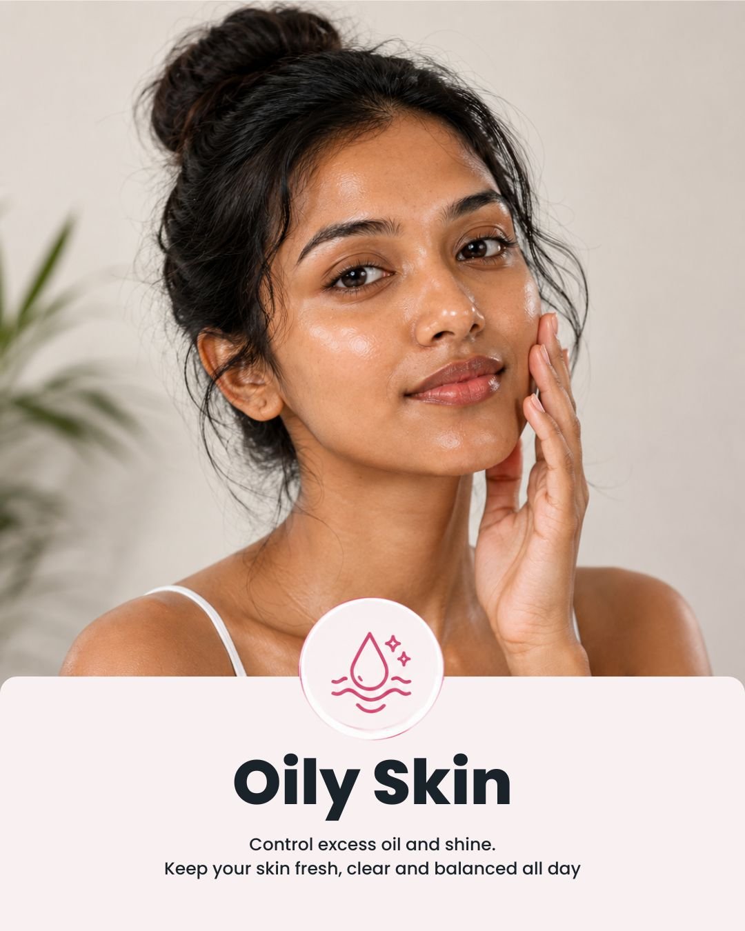 Woman with oily skin demonstrating a skincare routine to control excess oil and reduce facial shine.