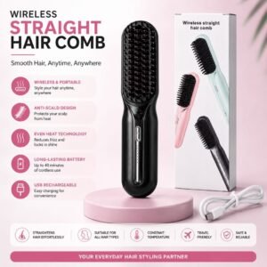 Wireless Straight Hair Comb shown with product features, heating and styling information, and USB charging accessories at HerStore.lk Sri Lanka.
