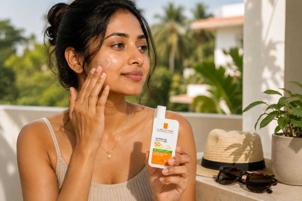 Woman applying a CeraVe skincare product to her face during a daily facial care routine, with CeraVe skincare products visible beside her, available from HerStore.lk Sri Lanka