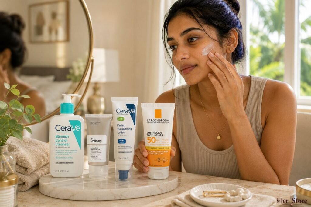 Woman using CeraVe skincare products during a facial skincare routine, with CeraVe cleanser and other skincare products visible beside her at HerStore.lk Sri Lanka