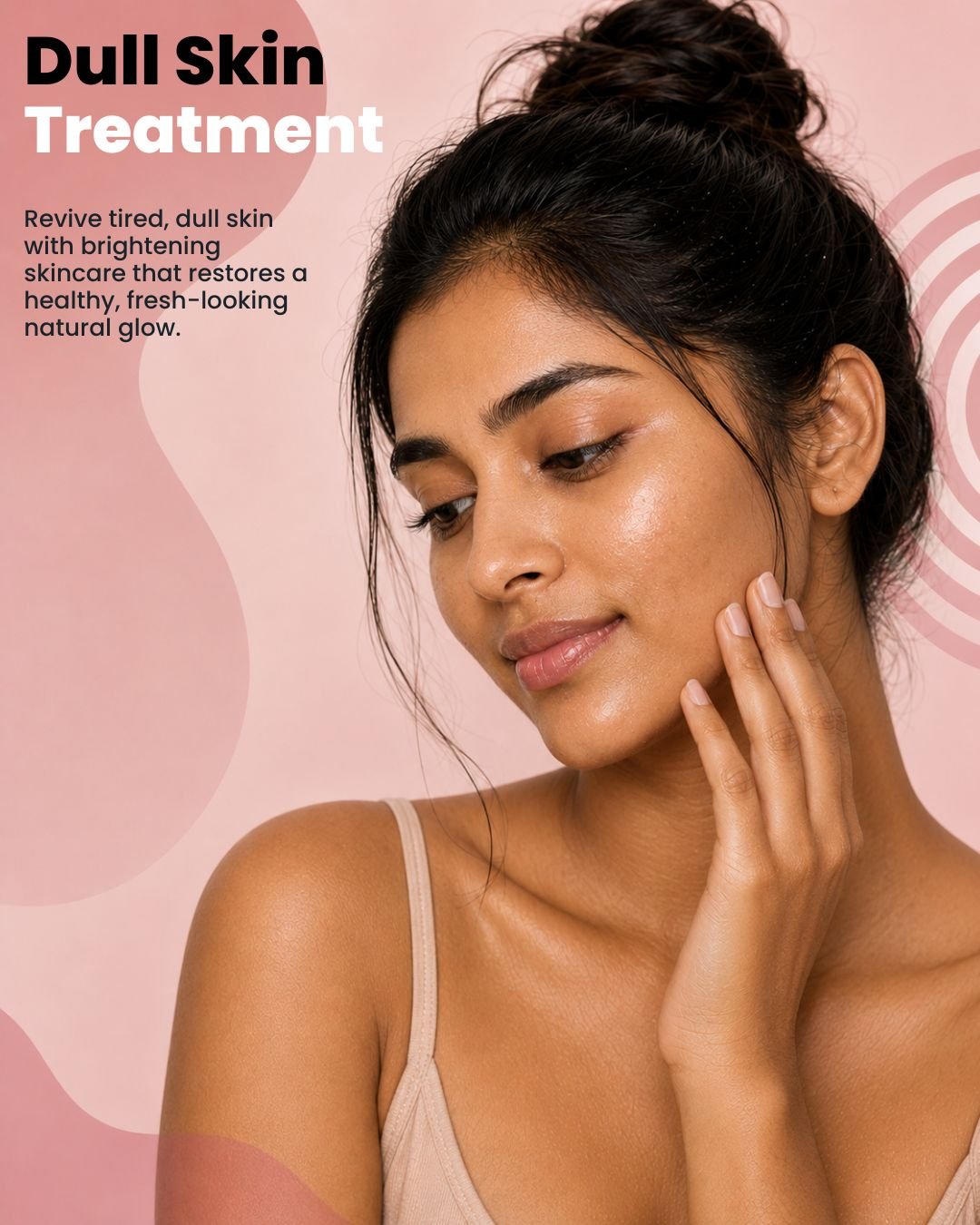 Woman with glowing healthy skin after professional facial treatment for dull and tired skin.