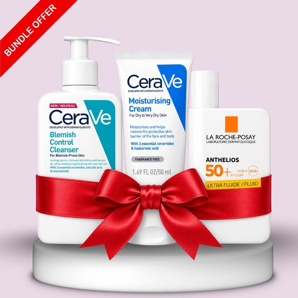 CeraVe and La Roche-Posay skincare bundle featuring Blemish Control Cleanser, Moisturizing Cream and Anthelios SPF 50+ sunscreen, available at HerStore.lk Sri Lanka.